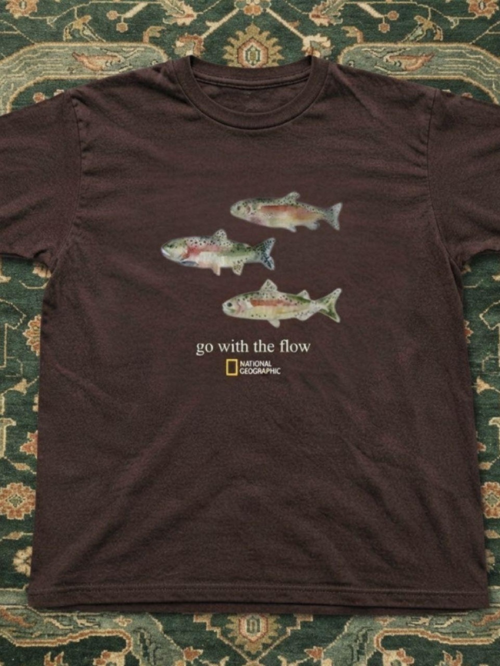 Gildan Brown Short Sleeve Tee with Multicolor Trout Graphic